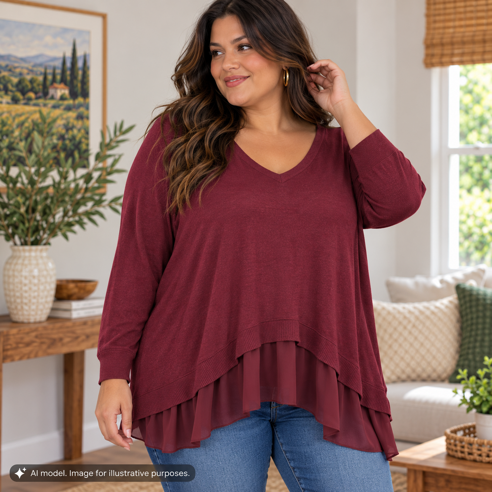 Torrid Sweater 1 Women 1X Red Purple Maroon Burgundy Flowy Shirt Bottom V Neck